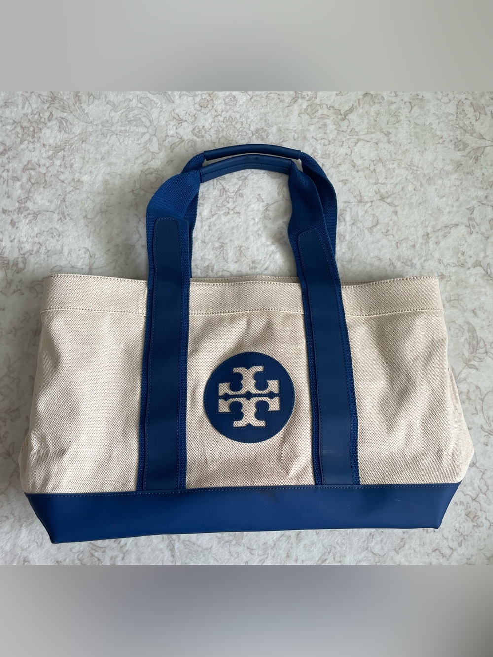Tory Burch Large Beige Canvas Tote with Blue Vinyl Trim